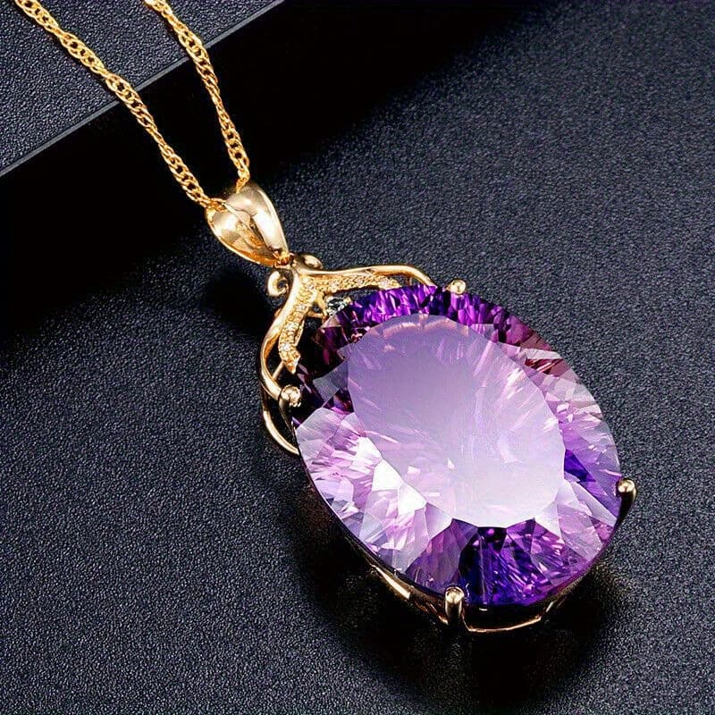 TEMU Luxury Style Inlaid Purple Synthetic Zirconia Oval Pendant Necklace For Women Banquets Parties High-quality Jewelry Daily Vacations Vintage Necklaces Exquisite Anniversary Gifts
