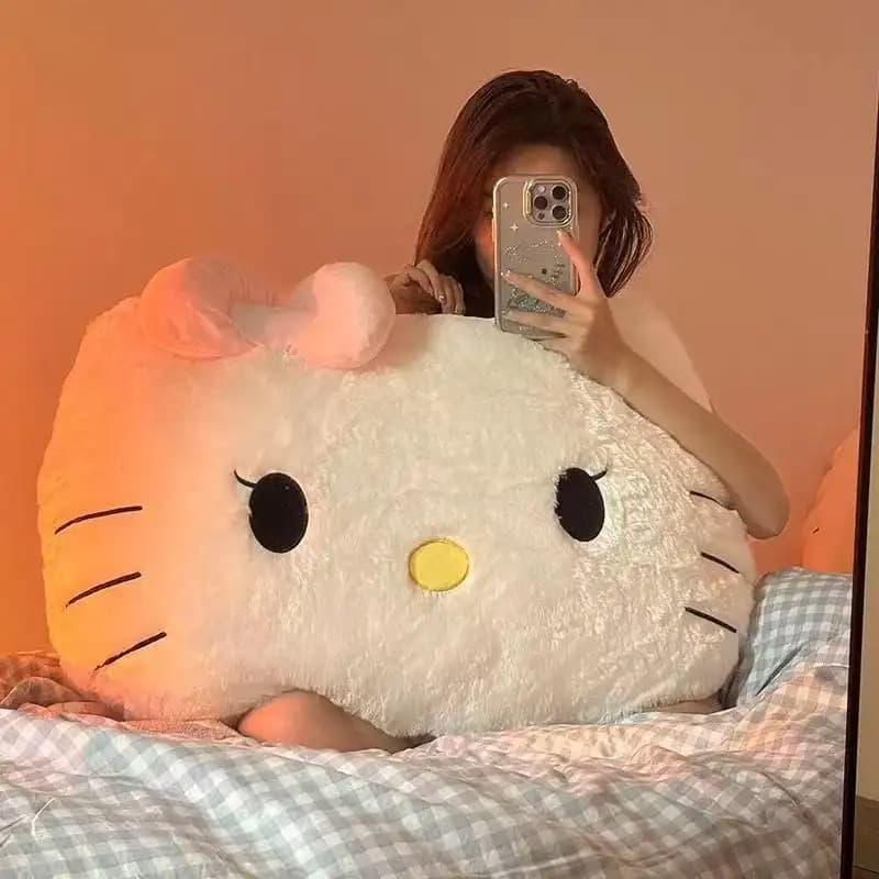 TEMU Licensed Hello Kitty Plush Pillow - Large White Pink Bow With Black Ears, Soft Polyester Bedding Decoration | Soft Polyester For Room Decoration, Home Decoration, For Gifts