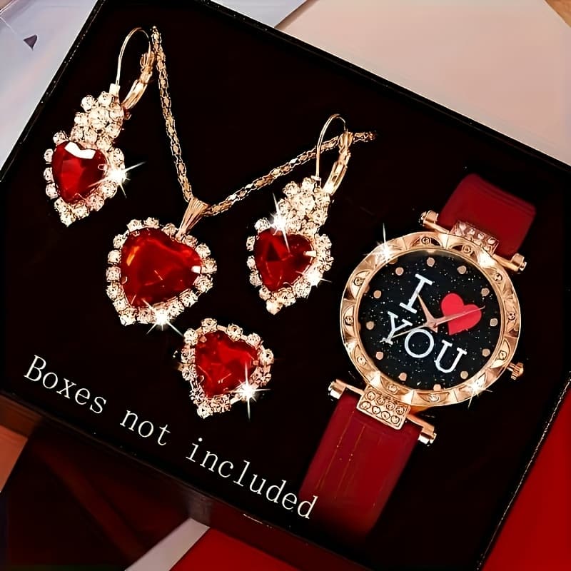 TEMU 5pcs Fashion Women's Watch And Jewelry Set, Red Faux Leather Strap Quartz Watch With Red Heart Necklace, Earrings And Ring - Elegant Gift For Birthdays, Valentine's Day (boxes Not Included)