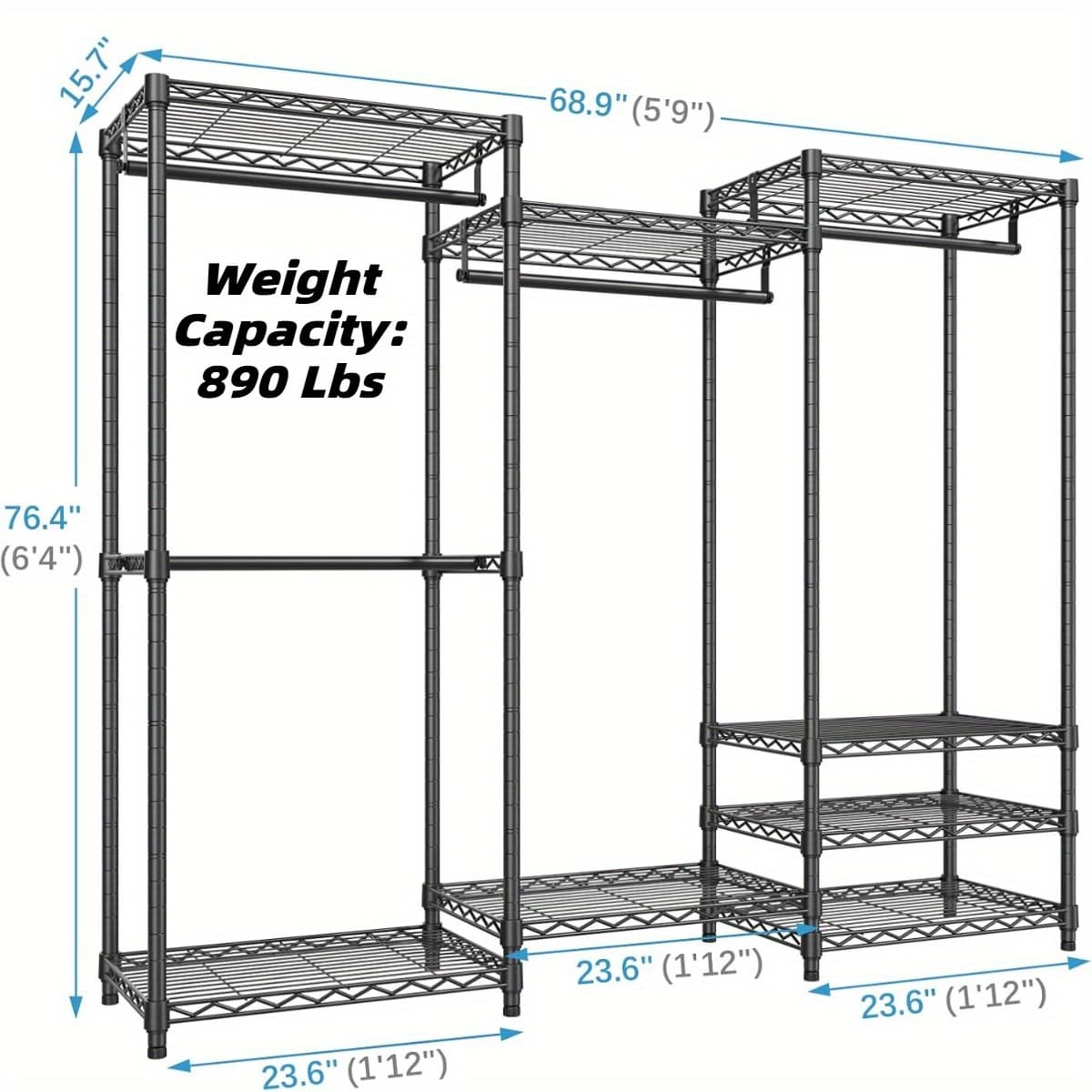 TEMU Portable Closet Wardrobe Heavy Duty Clothes Rack | Freestanding With 4 Hang Rods & 8 Shelves, Adjustable, 68.9" L X 15.7" W X 76.4" H, 890lbs, Stainless Steel With , Portable Closets