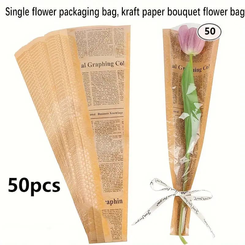 TEMU 50pcs Vintage Paper Flower Sleeves With Transparent Window- Perfect For Single , Bouquet Gifts And Handicrafts, Rustic Floral Packaging Bags, Bouquet Wrapping| Vintage Design| Printed Set