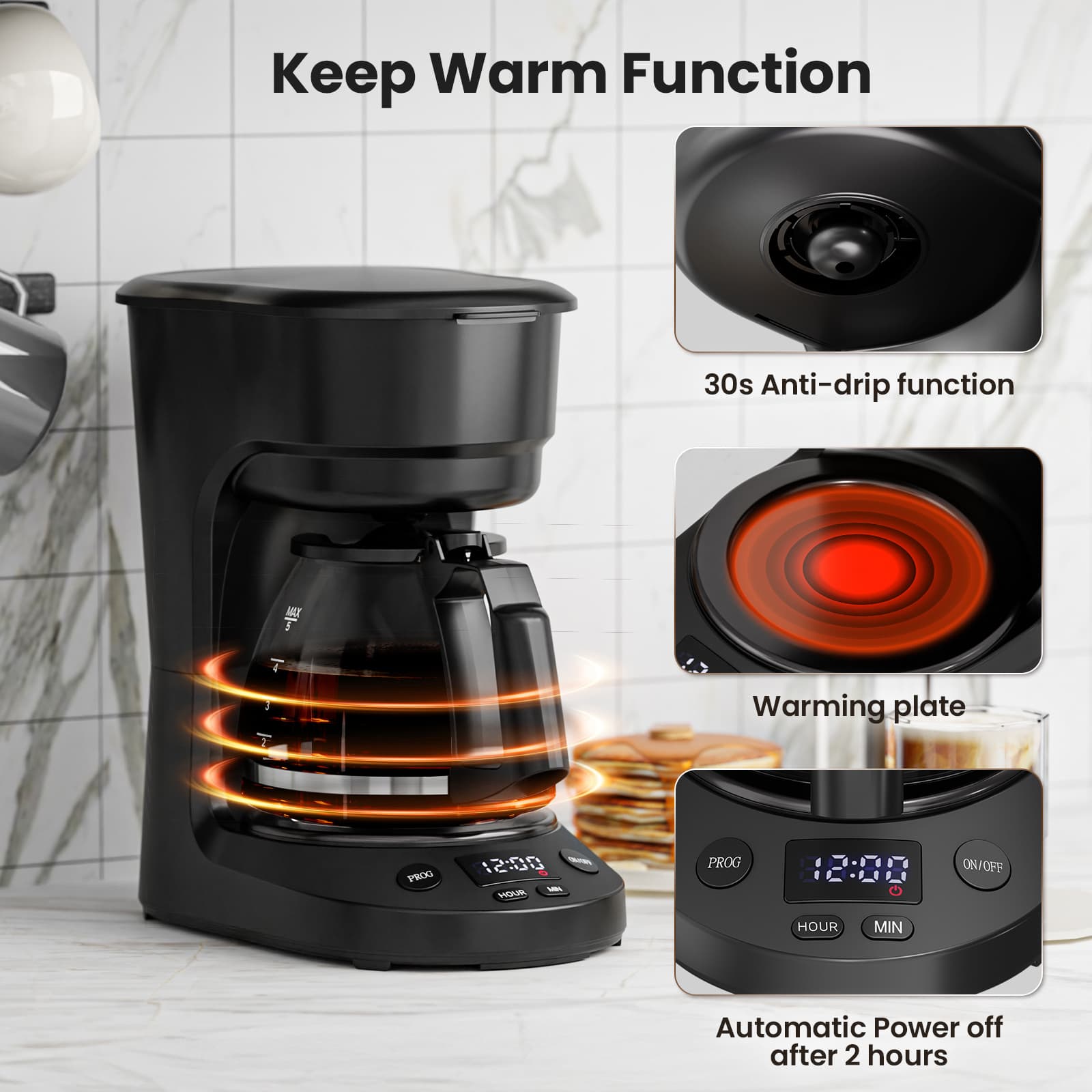 TEMU 5 Cup Portable Drip Coffee Maker, 24h Delay Brew, 2h & Auto Shut Off, Pause & Serve, Reusable Filter, Glass Coffee Pot, Small Coffee Machine For Office, Outdoor Travel Use