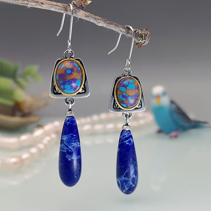 TEMU Vintage Bohemian Style Long Synthetic Turquoise Pendant Earrings, Elegant Women's Earring Accessories, A Gift For Mothers