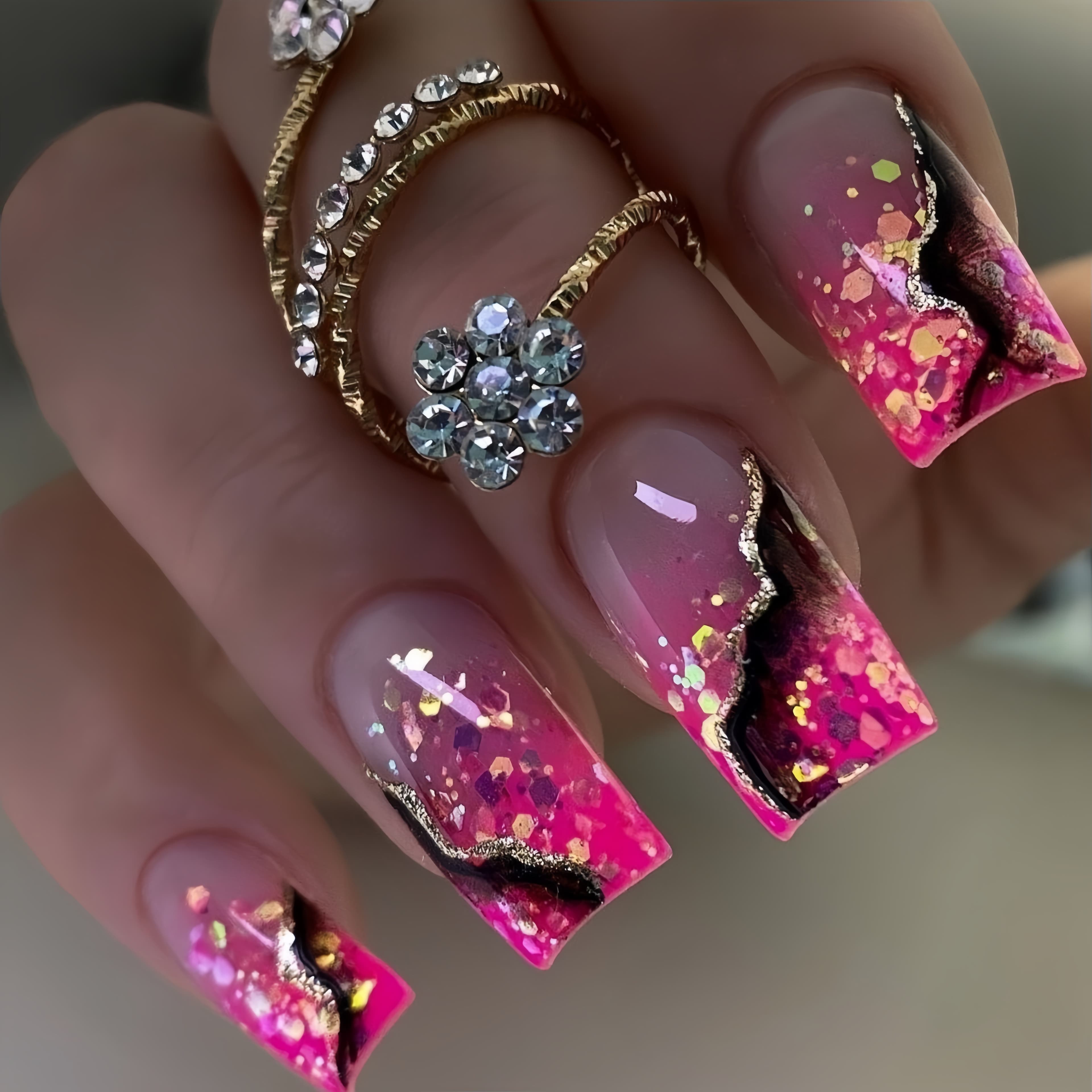 TEMU 24pcs Pink Striped Ombre Nails, Removable Press-on Nails, Medium Length Square Nails, Nail Art, Reusable Fake Nails