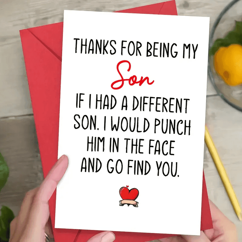 TEMU Pre Order 4pcs (2 Greeting Cards+2 Envelopes) Humorous Birthday Card For My Son - "thank You For Being My Son" Interesting Card With Heart-shaped Illustration, Cartoon Style, My Birthday