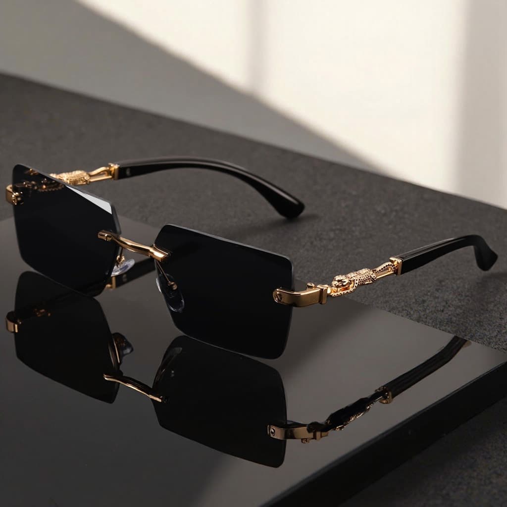 TEMU Unisex Black And -decorated, Rimless Narrow Rectangular Lenses,,, Comes With A Glasses Case And Cleaning Cloth, Essential For High-end Gifting, Driving And Traveling