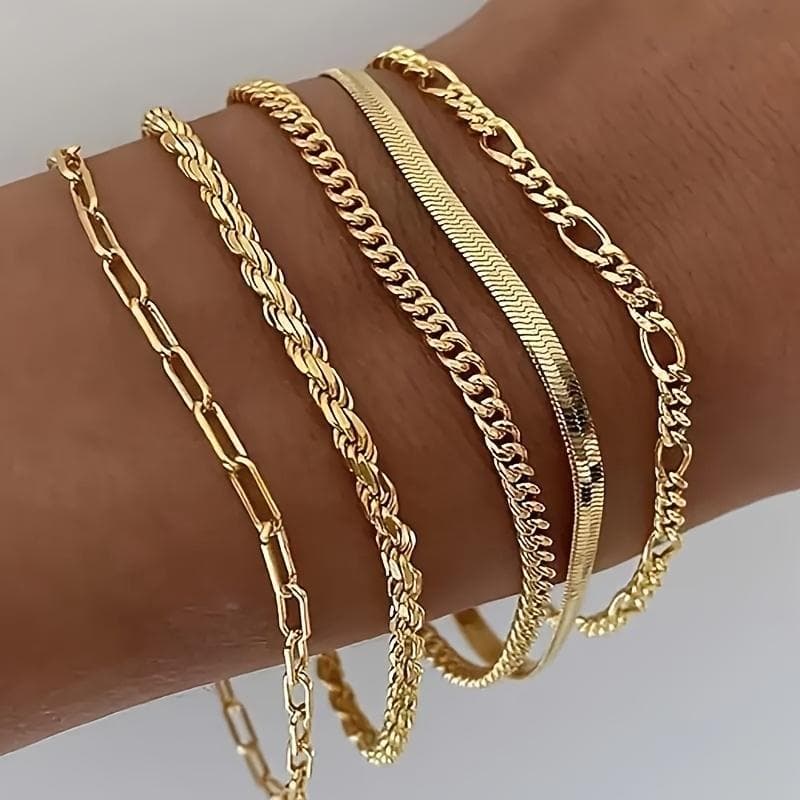 TEMU Set Of 5 Bohemian Stylish Stainless Steel Bracelets, 14k Golden Plated Tennis Beaded Jewelry For Women And, Suitable For Everyday And Party Wear