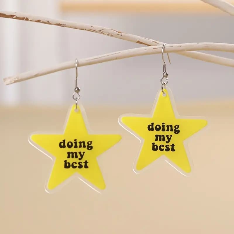 TEMU 2d Flat, A Pair Of 2d Flat Yellow Star Pattern Earrings, Simple And Fashionable English Word Pattern Acrylic Drop Earrings, 2d Flat