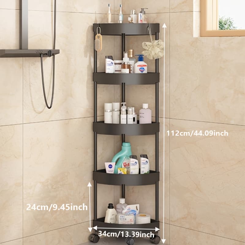 TEMU 1pc 5-tier Space-saving Black Plastic Bathroom Shelf- Corner Cabinet Design With 10 Shelves, Perfect For Organizing Shampoo, Body Wash, Towels, And