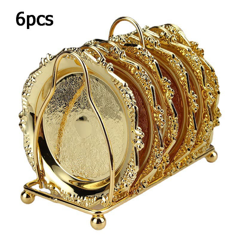 TEMU 6pcs/set Simple Golden Stainless Steel Coaster Set, Coffee Coaster, Cup Plate, Teacup Coaster, Luxurious Insulation Mat Set, Washable