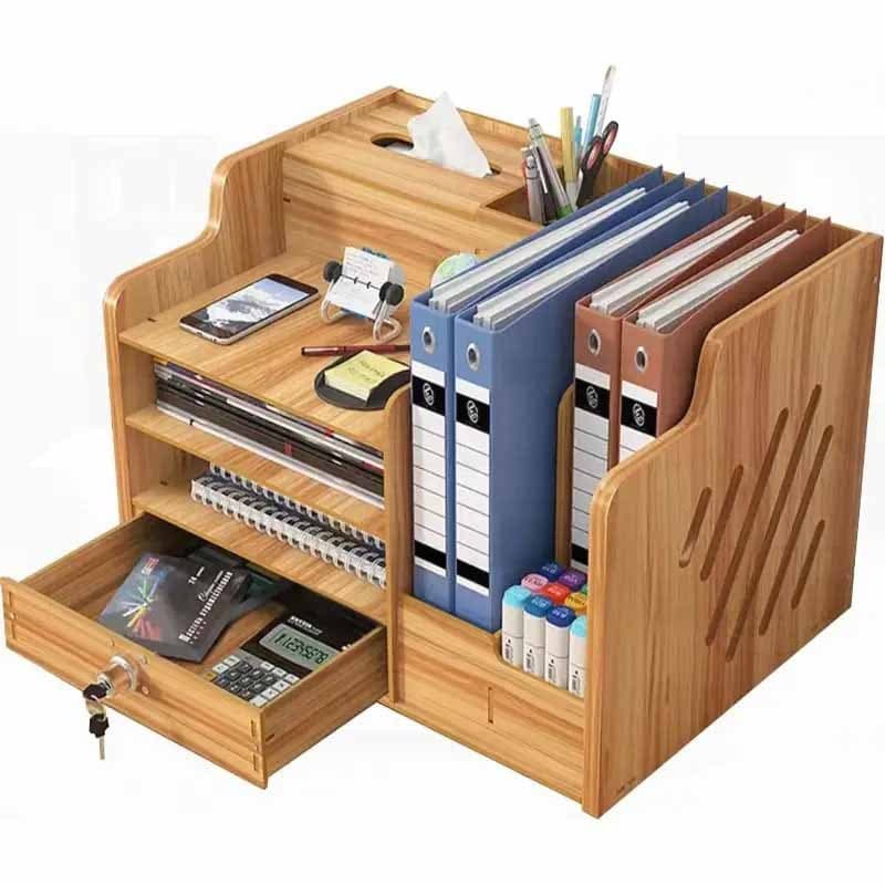TEMU Recycled Wood Office Desk Organizer - Stackable Multi-tier File Holder With Pen And Pencil Slots, Phone Compartment And Key Hooks - Polished End For Home, Office, Organization