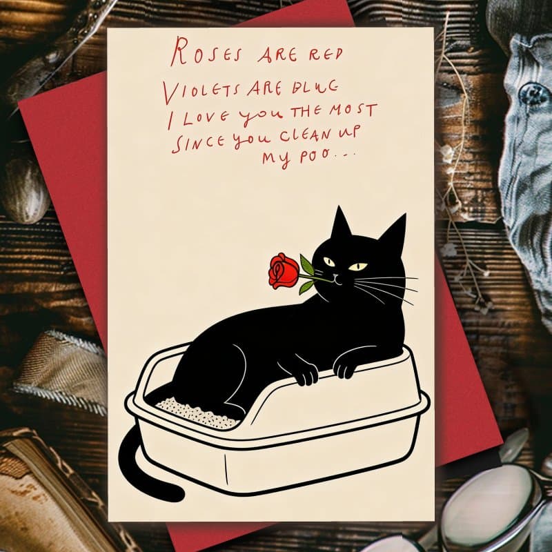 TEMU 1pc Funny Cat Litter Box Valentine's Card With Black Cat Holding Rose - Humorous Poop Joke Greeting Card Suitable For Birthdays, Christmas, Friendship Day - Funny For Coworkers & Cat Lovers