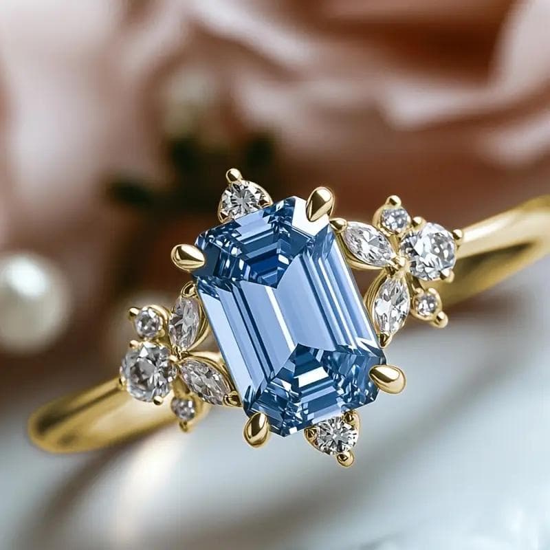 TEMU Classical 4-claw Inlay Blue Zirconia Engagement Ring Exquisite Zirconia Flower Ring For Women Daily Wedding Ring Jewelry Proposal Gifts