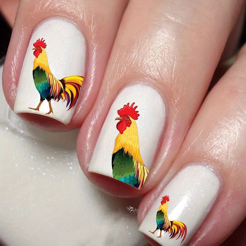 TEMU 1pc Rooster & Rooster Lovers Nail Art Stickers Suitable For Valentine's Day/new Year, Glossy Temporary Nail Decals With Male Rooster Symbols, Easy & Stick For Hands/feet (paper)
