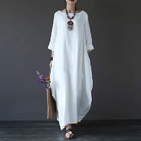 Robe longue maxi 100% coton pour femme, robe droite en faux coton et lin, robe caftan, robe blanche basique décontractée pour le quotidien et les vacances, cou