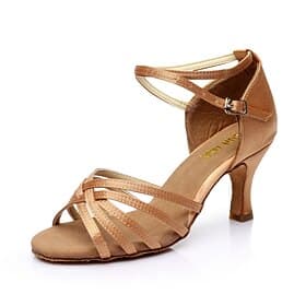 Women's Satin Latin Dance Shoes with Strappy Design and Kitten Heels - Ballroom Dance Sandals for Salsa, Tango, and Rumba