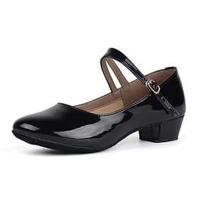 Chaussures de danse Mary Jane en similicuir verni noir pour femmes avec semelle en daim souple – Chaussures de danse de salon à talon bas pour fêtes et récital