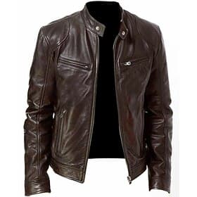 Men's Faux Leather Jacket Transition Jacket Biker Jacket Patent Leather Jacket Daily Wear Thermal Warm Windproof Full Zip Fall Solid Color Simple Casual Stand
