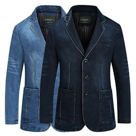 Men's Blazer Denim Jacket Jean Jacket Sport Jacket Sport Coat Going out Button Down Collar Casual Daily Jacket Outerwear Solid Color Light Blue Navy Blue / Cot