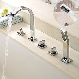 Rubinetto per vasca montato sul ponte, rubinetto per vasca da bagno miscelatore per vasca romana in ottone con palmare, spruzzatore a 5 fori e 3 maniglie con t