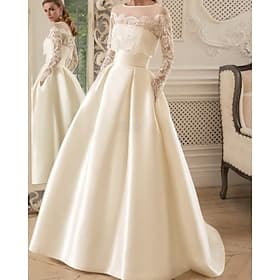 Engagement Vintage 1940s / 1950s Formal Wedding Dresses A-Line Illusion Neck Long Sleeve Floor Length Satin Bridal Gowns With Pleats Beading