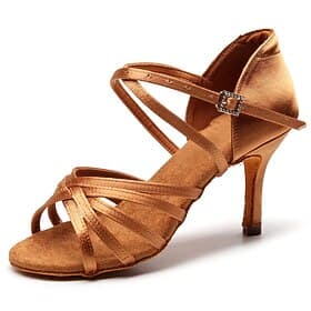 Women's Satin Strappy Latin Dance Heels with Soft Suede Sole - Ballroom Performance Shoes