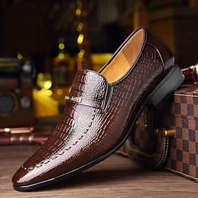 Men's Brown Crocodile Pattern Faux Leather Loafers - Elegant Slip-On Dress Shoes for Formal Occasions