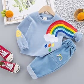 Sweat à capuche Pantalon bébé Garçon 2 Pièces Actif Coton à imprimé arc-en-ciel Imprimé Manches Longues Normal Jaune