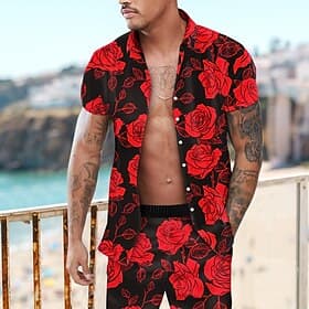 Voor heren Bloemig roze 2 stuks Overhemden Sets Hawaiiaans overhemd Korte mouw Korte broek Strijkijzer Modieus Hawaii Ontwerper Buiten Vakantie Strand 3D-afdru