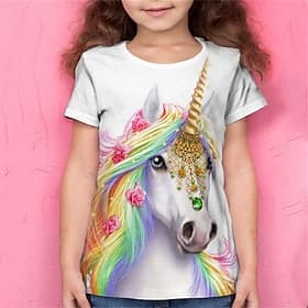 Fille 3D Animal Licorne T-shirt Manche Courte 3D effet Eté Printemps Actif Mode Le style mignon Enfants 3-12 ans Extérieur du quotidien Standard