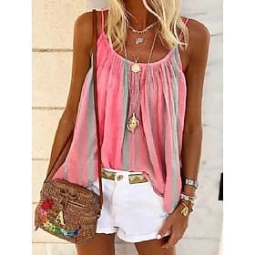 Women's Camisole Tank Top Camisole Summer Tops Yellow Pink Blue Stripes Pleated Holiday Boho Round Neck S