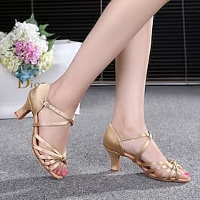 Women's Gold Satin Strappy Dance Shoes, Open-Toe Ballroom Shoes for Latin and Salsa Dance Performances