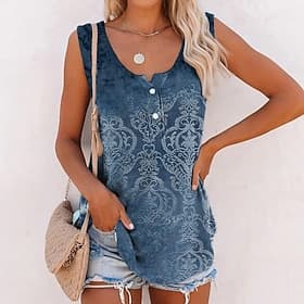 Women's Camisole Tank Top Streetwear Casual Floral Buttons Print Sleeveless Regular Tops V Neck Daily Holiday Weekend Navy Blue