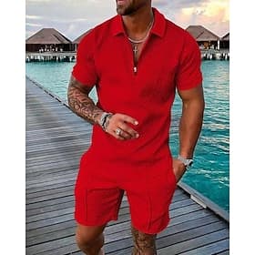 Homme Polo Ensemble Sortir Chemises de Golf Zip quart Manche Courte Streetwear Vêtements de sport Vagues Texturé Fermeture éclair Printemps Été Mince Noir Jau