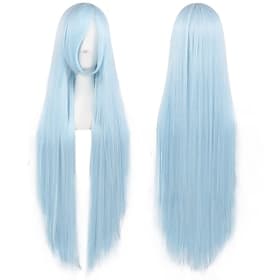100 cm hellblaue Perücke für Damen und Mädchen, gerade Cosplay-Perücke mit Pony, Kunsthaar-Perücke, Kostüm für Anime-Halloween-Party