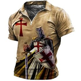 Men's Knights Templar Crusaders Zip Polo Shirts Golf Shirt Short Sleeve Polo Shirts Collared Shirts Vintage Casual Vacation Wear Festival Wear Party Outfits 3D