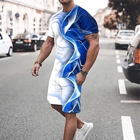 Men's Graphic Gradient 2pcs Tees sets Tee Set Short Sleeve Short Pants Crew Neck Fashion Lightweight Basic Street Daily Sports Print Summer Spring Red Blue