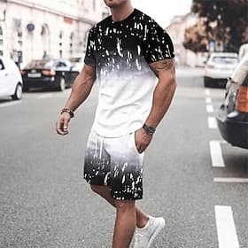Men's Graphic Gradient 2pcs Tees sets Tee Set Short Sleeve Short Pants Crew Neck Fashion Lightweight Basic Street Daily Sports Print Summer Spring Navy Blue Gr