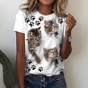 t-shirt basique à manches courtes pour femme, imprimé chat, col rond, décontracté, week-end, blanc