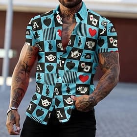 Men's Geometric Pattern Poker Shirt Button Up Shirt Short Sleeve Fashion Designer Casual Daily Holiday Beach Spring Summer Turndown Print Button-Down Blue-Gre