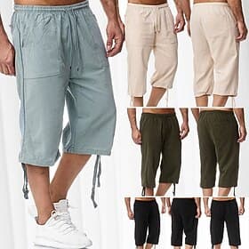 Men's Shorts Linen Shorts Summer Shorts Beach Shorts Capri Pants Drawstring Elastic Waist Front Pocket Plain Comfort Breathable Calf-Length Sports Outdoor Dail