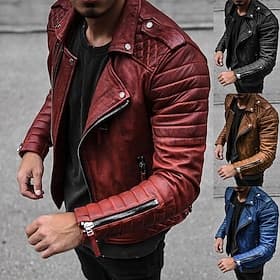 Men's Faux Leather Jacket Transition Jacket Biker Jacket Red Leather Jacket Casual Street Thermal Warm Windproof Faux Fur Trim Fall Pure Color Punk Fashion Lap