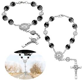 Car Rosary 2 Pcs Rearview Mirror Auto Rosary Hanging Personalized Car Cross Blessing Catholic Car Medal for Truck Bike Motorcycle Car Mirror Hanging Accessorie