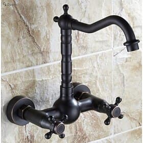 Retro Style Utility Sink Black Laundry Faucet, Wall Mount High Arc Two Handles Two Holes Wash Basin Tap with Hot and Cold Water Hoses, Laundry Tub Pot Filler C