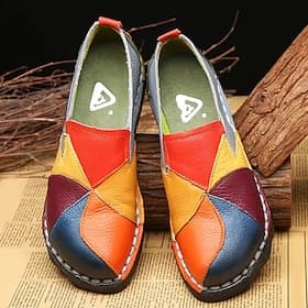 Women's Patchwork Colorful Faux Leather Loafers Casual Slip-On Shoes with Hand-Stitched Design for Daily Wear and Comfort