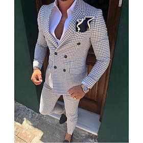 De los hombres Trajes Boda Blanco Rosa Primavera, Otoño, Invierno, Verano Traje Cuello de cierre A cuadros Estándar Juego de 2 piezas Seis Botones en Dos Hiler