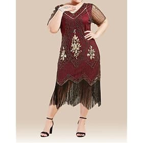 Années Folles Années 1920 Midi Robe Robe Charleston Robe de Bal Normal Manches courtes Gatsby le Magnifique Charleston Paillettes Col en V Déguisement Femmes C