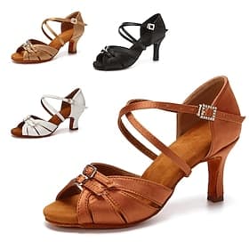 Latein-Tanzschuhe aus Satin für Damen hellbraune Ballsaal-Pumps mit offener Spitze, gekreuzten Riemen und Schnallenverschluss – ideal für Salsa, Tango und Sch