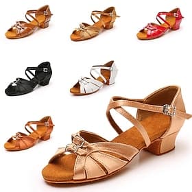Women's Girls' Satin Latin Dance Shoes – Low Heel Ballroom Sandals with Strappy Design for Salsa, Tango, and Party Events