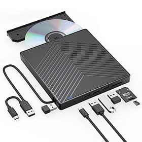 External CD DVD Drive 7 in 1 Ultra Slim CD Burner USB 3.0 with 4 USB Ports and 2 TF/SD Card Slots Optical Disk Drive for Laptop Mac PC Windows 11/10/8/7 Linux
